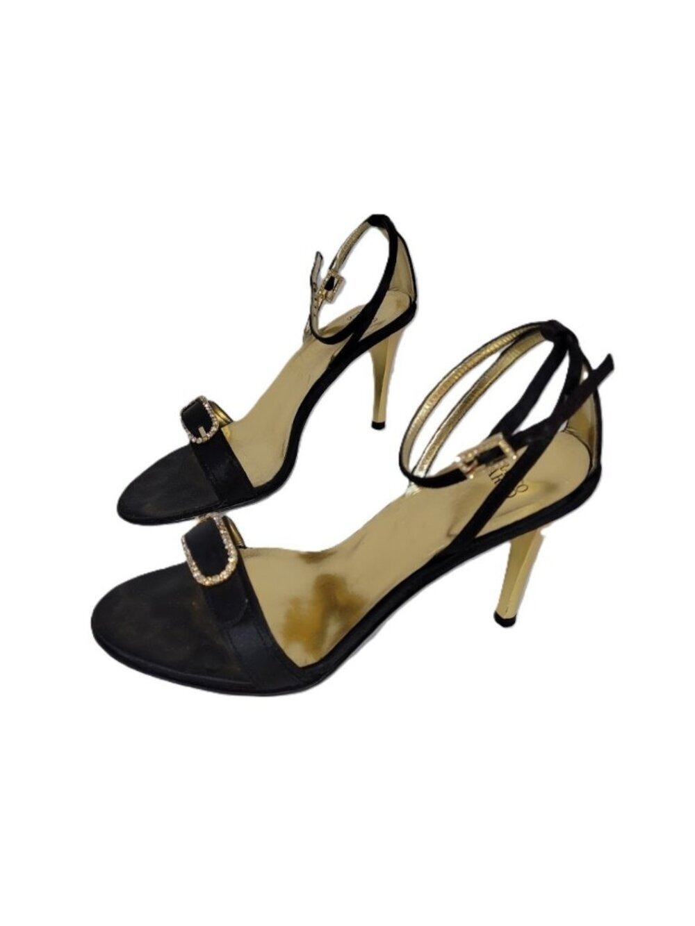 Franco Sarto L-Gabor Black Satin Open Toe Heels Gold W/Rhinestones Size 6.5